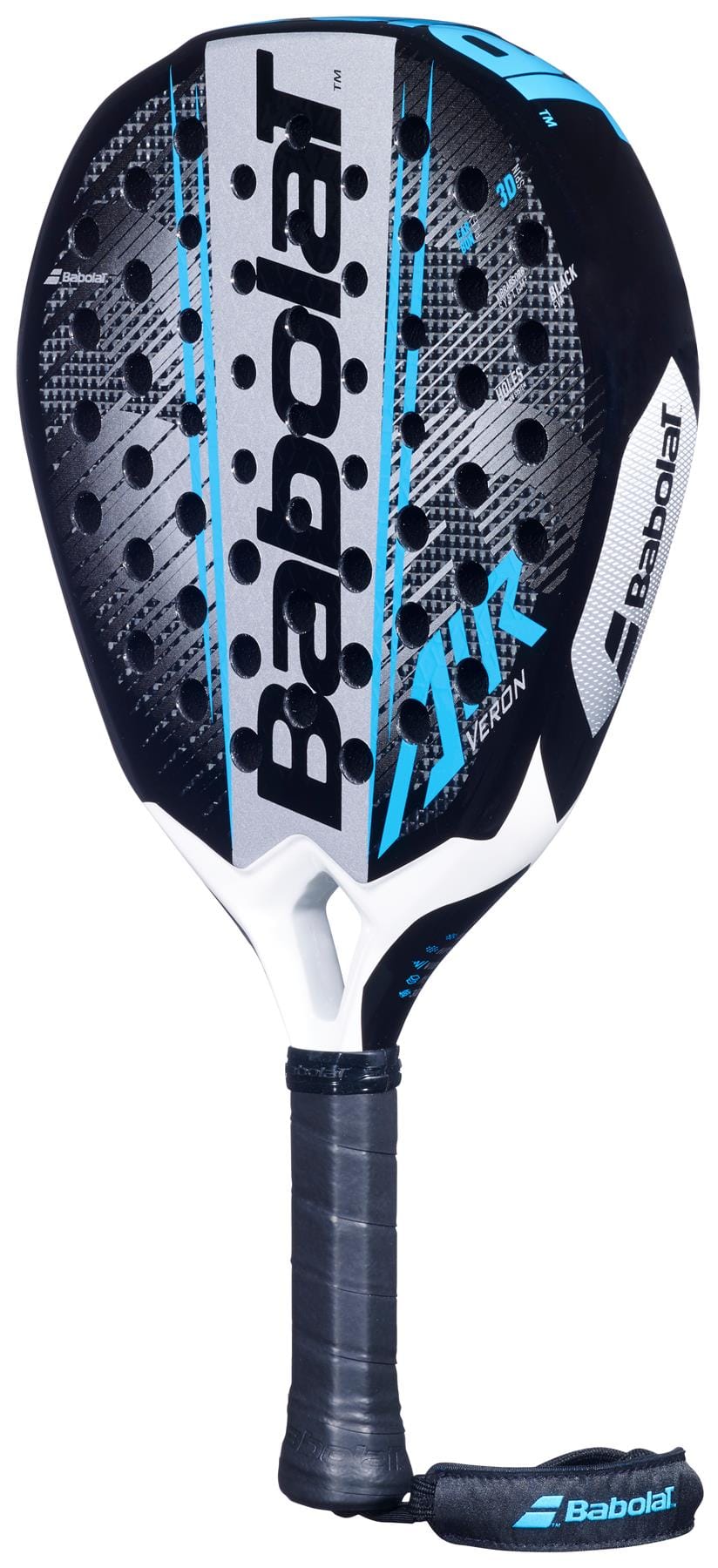 The Babolat Air Veron 2.6 Padel Racket features a black and blue design with a textured surface, CarbonFlex technology, white accents, "AIR VERON" branding, a black grip-taped handle, and an attached wrist strap.