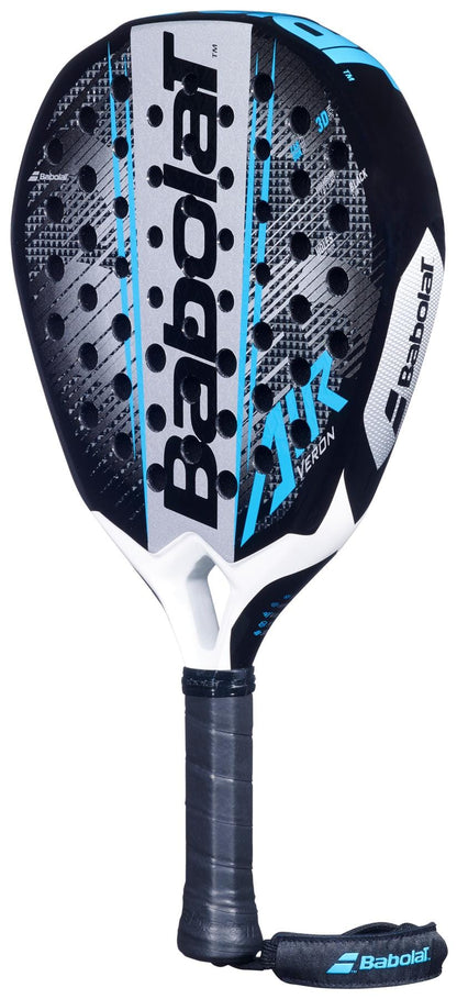 The Babolat Air Veron 2.6 Padel Racket features a black and blue design with a textured surface, CarbonFlex technology, white accents, "AIR VERON" branding, a black grip-taped handle, and an attached wrist strap.