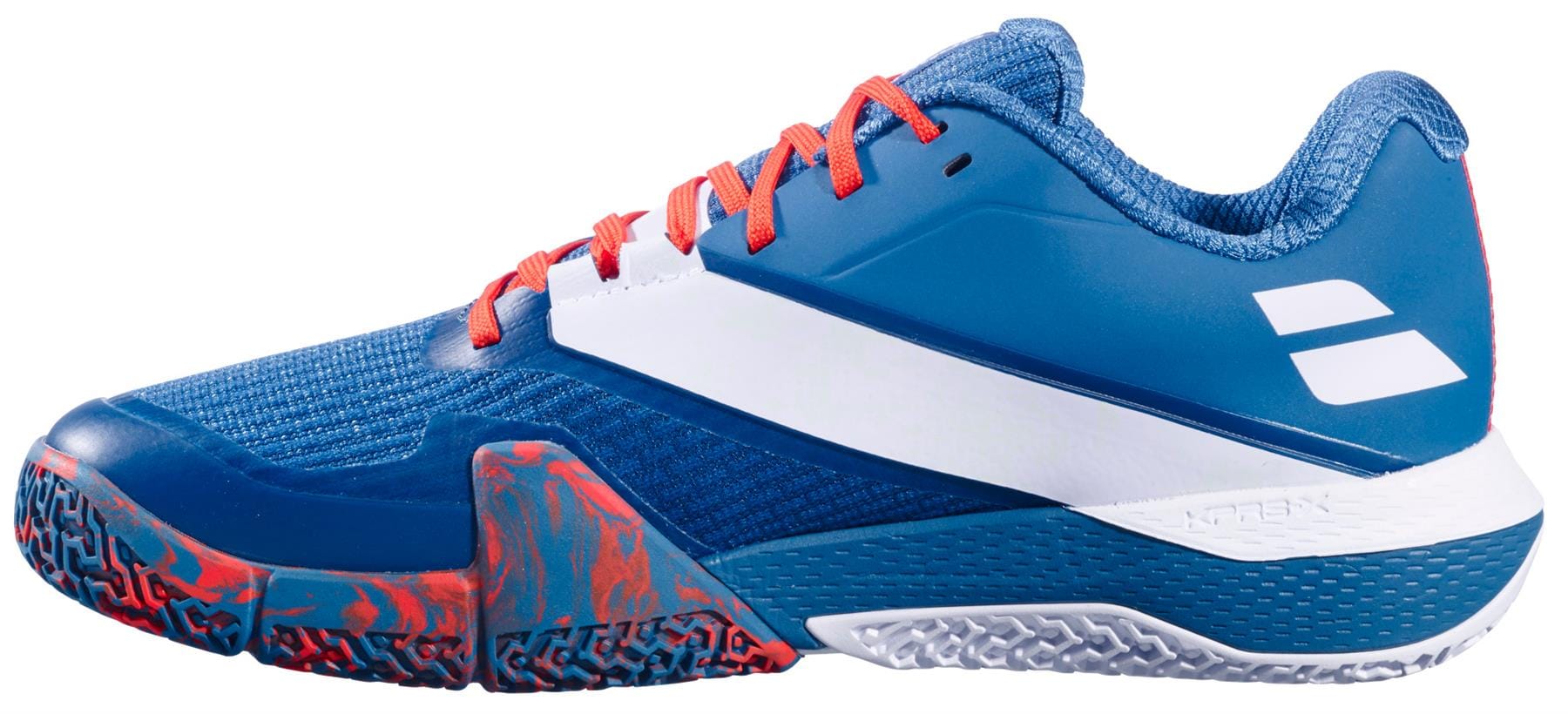 The Babolat Movea 2 Men's Padel Shoes in Seaport/Cherry Tomato feature a blue athletic look with orange laces, white accents, and a multicolor textured sole. These Babolat shoes offer a cushioned heel for comfort on the padel court.