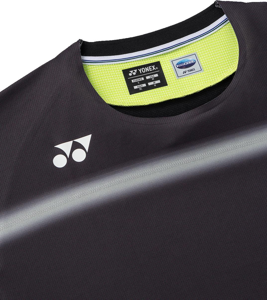 Close-up of the Yonex 10711YX Crew Neck Mens Padel T-Shirt in black, featuring a white Yonex logo on the chest, subtle gray stripe, men's crew neck design, inner collar labels, and yellow mesh lining for ventilation.