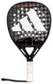 Introducing the ADIDAS Cross It 3.4 Padel Racket by adidas, featuring a black and gray geometric pattern with a sleek white handle, orange accents, logo on its face, a diamond oversized head shape, and a black wrist strap for an athletic masterpiece.