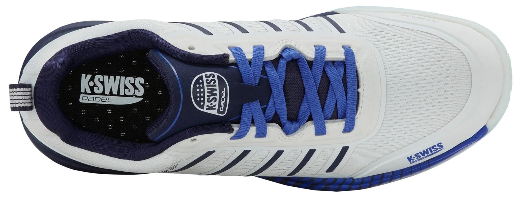 Top view of the K-Swiss Ultra Court Mens Padel Shoes in Bit Of Blue/Naval Academy/Dazzling Blue, featuring blue laces, black padded collar, mesh upper, and a black insole with white "K-Swiss PADEL" branding. High-performance padel shoes.