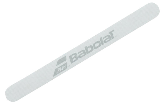 A white Babolat wristband featuring the logo and the word "PLAY" printed on it, designed to embody the dedication to excellence found in Babolat Protec Pro Padel Protection Strips.