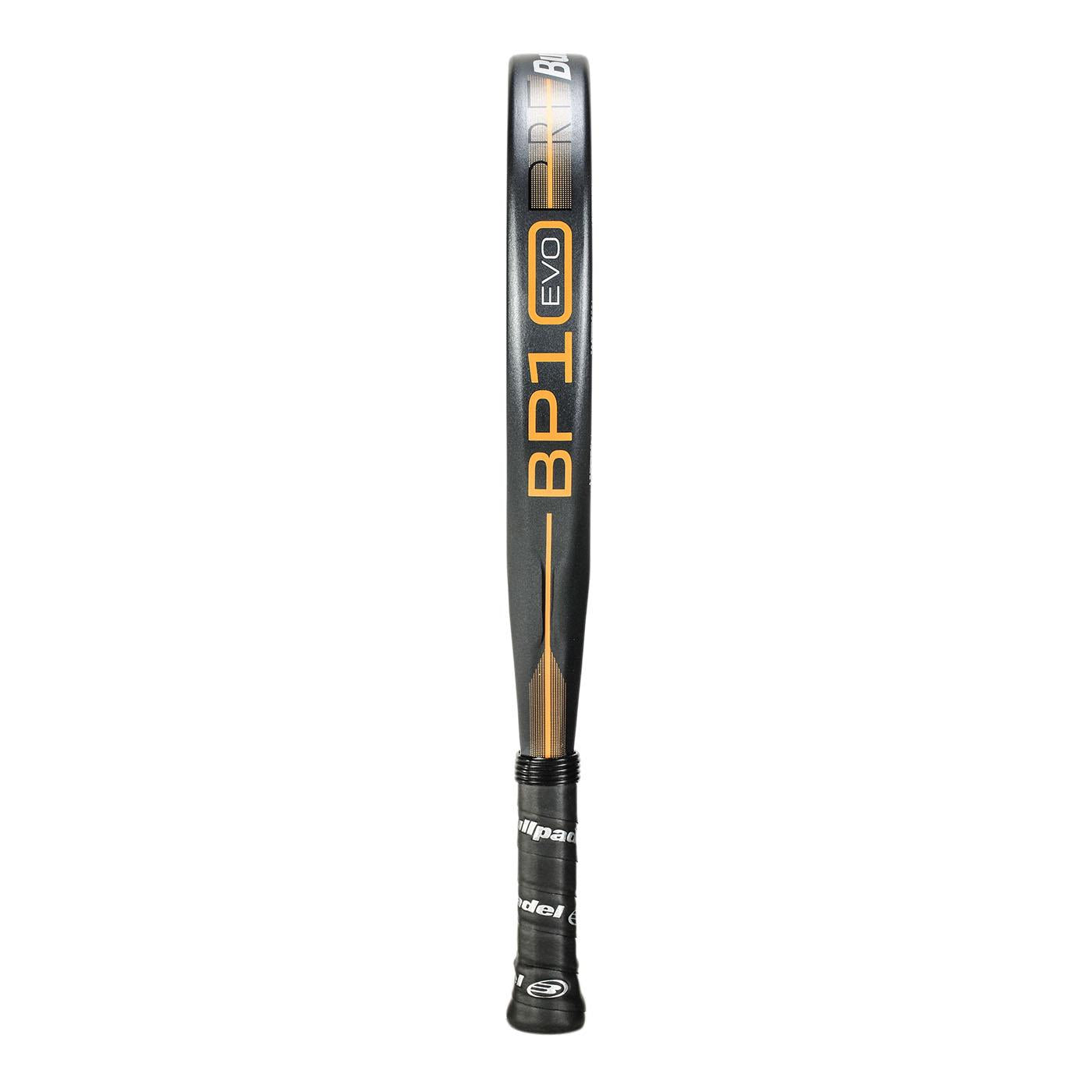 Close-up image of a black/grey Bullpadel BP10 EVO 2025 Padel Racket with "Bullpadel BP10 EVO" in orange on the side. The handle features branded grip tape, and the curved edge uses the STReinforce system for enhanced durability.