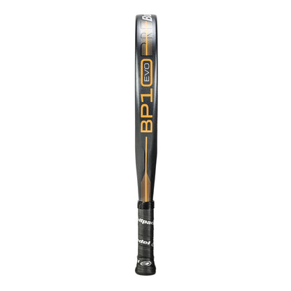 Close-up image of a black/grey Bullpadel BP10 EVO 2025 Padel Racket with "Bullpadel BP10 EVO" in orange on the side. The handle features branded grip tape, and the curved edge uses the STReinforce system for enhanced durability.