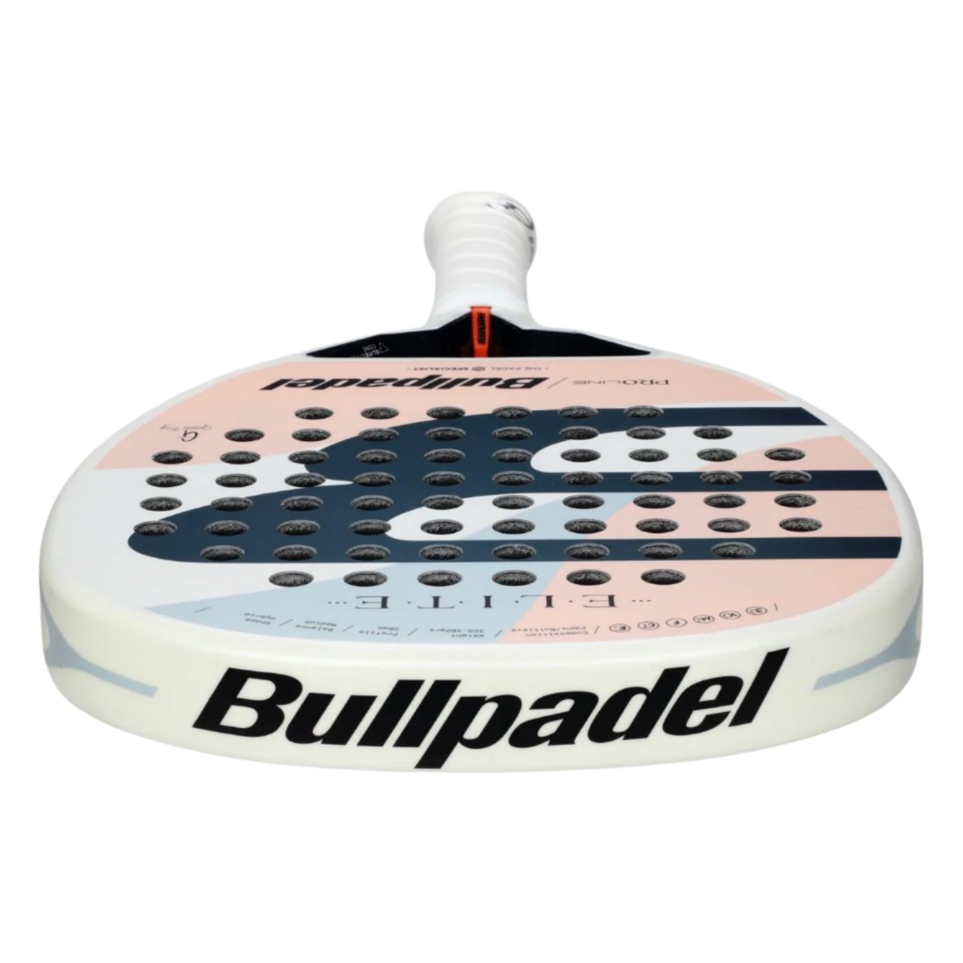 The Bullpadel Elite W 2025 Padel Racket in White and Pink features a white grip and a perforated surface. Its design includes geometric patterns in pink and blue, with the "Bullpadel" logo prominently displayed at the base. This model draws inspiration from Gemma Triay's preferred style, combining elegance with performance.