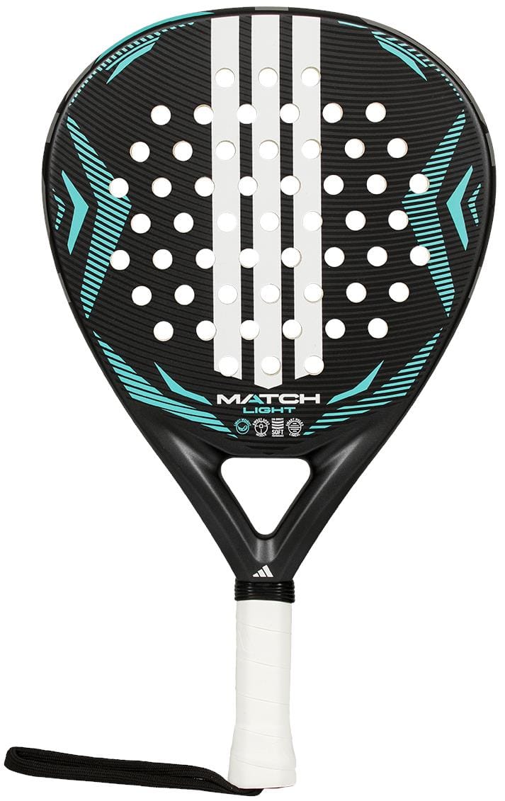 The adidas Match Light 2026 Padel Racket is a black and teal lightweight beginner racket with white grip, diagonal stripes, round holes on the face, branding, and a wrist strap.