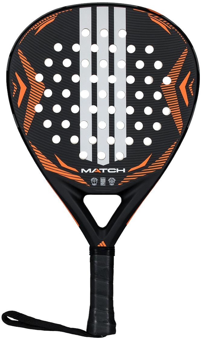 The adidas Match Black 2026 Padel Racket - Black / Orange has a teardrop shape, white holes, black handle with wrist strap, and "MATCH" in white on the face—ideal for beginners.
