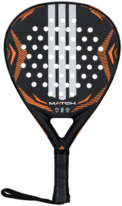 The adidas Match Black 2026 Padel Racket - Black / Orange has a teardrop shape, white holes, black handle with wrist strap, and "MATCH" in white on the face—ideal for beginners.