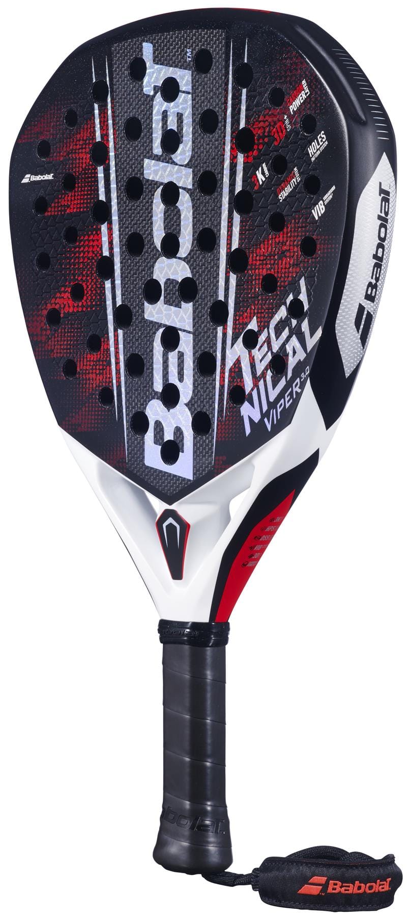 The Babolat Technical Viper 3.0 Padel Racket features a black, red, and white design, carbon power layer, textured surface with round holes, black grip and wrist strap. Prominent Babolat logo and branding complete the look.