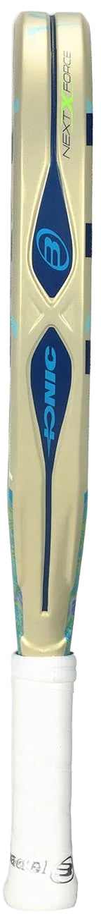 A close-up of a cricket bat standing vertically, featuring blue and gold edges and a white grip—mirroring the sleek style of the Bullpadel Ionic Light 2026 Padel Racket by Bullpadel.