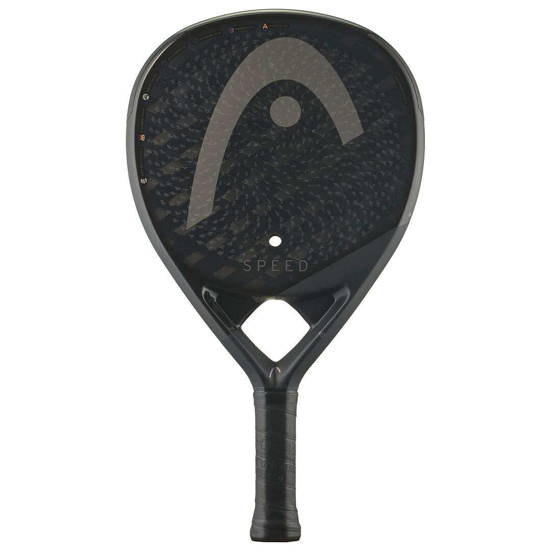 The HEAD Speed One 2025 Padel Racket in black features a large logo, Auxetic 2.0 technology, and a textured design. "SPEED" is printed near the center. It includes Extreme Spin technology and a sturdy handle wrapped for grip.