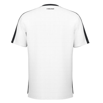 The image features the back of the HEAD Vision Slice Men's Padel T-Shirt in white by HEAD, highlighting its short sleeves, black side panels, and a subtle black logo near the neck. This minimalist design is complemented by a Moisture Transfer Microfiber mesh back for enhanced breathability, free from any additional graphics or patterns.