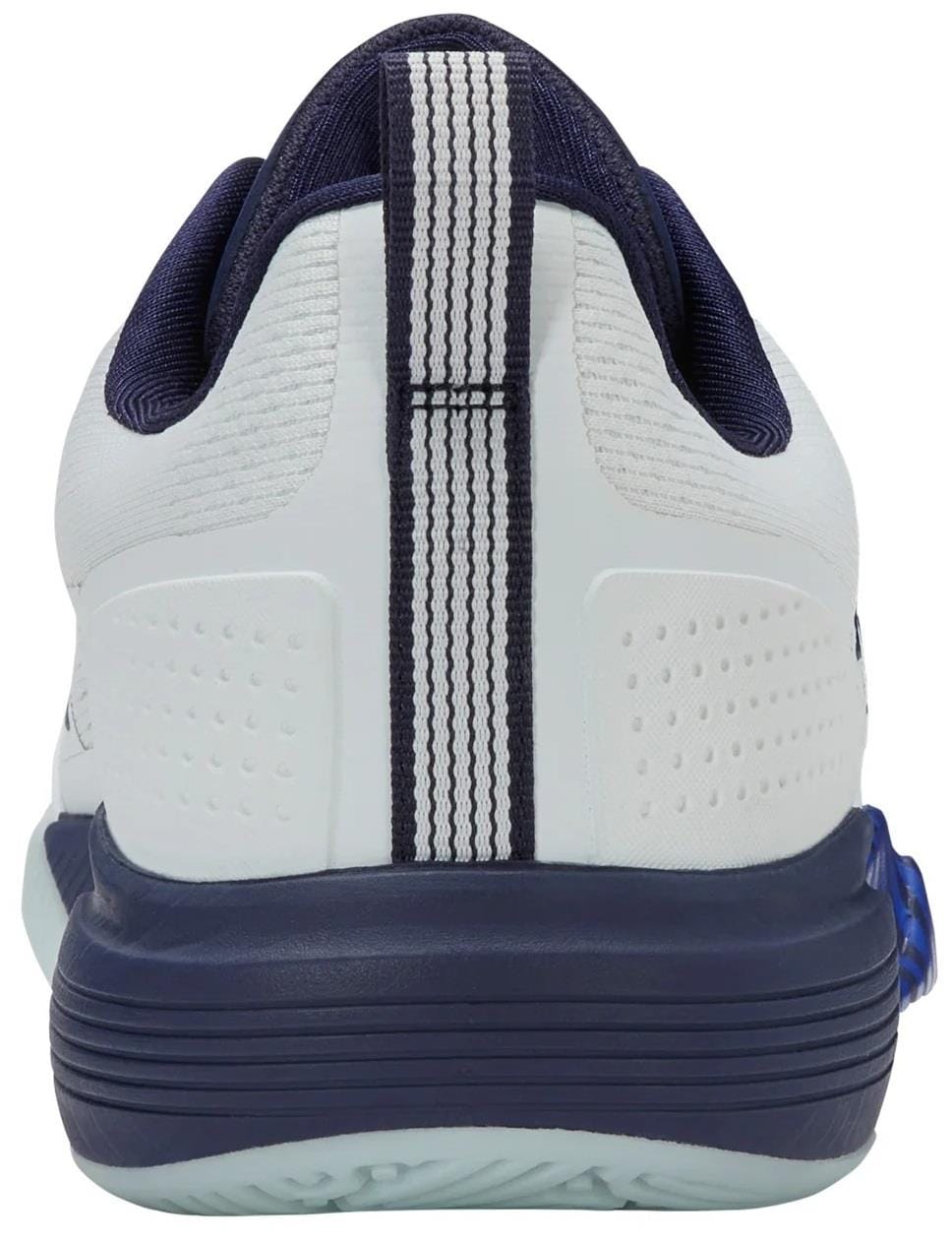Rear view of the K-Swiss Ultra Court Mens Padel Shoes in Bit Of Blue / Naval Academy / Dazzling Blue, featuring a navy sole, blue inner lining, vertical striped heel pull tab, and textured details for enhanced grip and style.