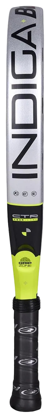 A black and grey rectangular object with yellow text, echoing the sleek design of the Bullpadel Indiga Ctr 2026 Padel Racket by Bullpadel, engineered for precise control.