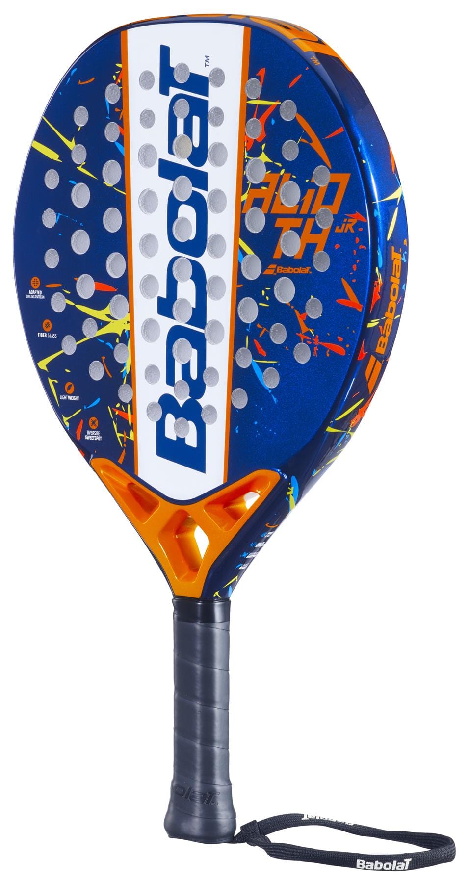 The Babolat Alioth Junior Padel Racket - Blue / Orange features a perforated face, textured grip, and black wrist strap—ideal for young players starting out in padel.