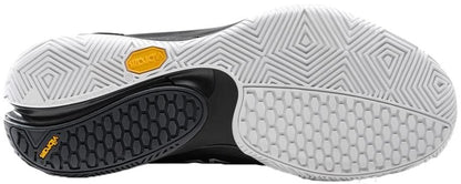 Close-up of the Bullpadel Vertex Vibram 26V Mens Padel Shoes outsole, highlighting the black and white geometric tread pattern and two yellow Vibram logos. Brand: Bullpadel.
