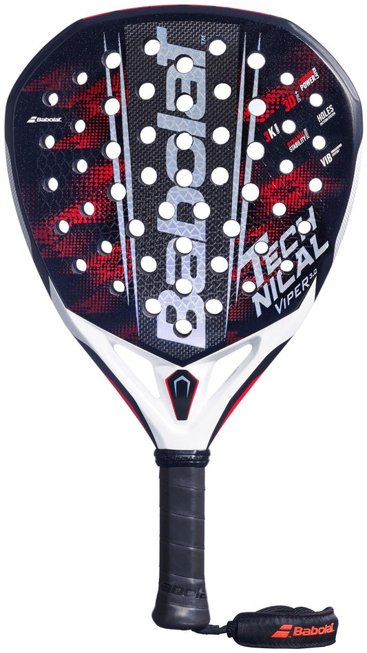 The Babolat Technical Viper 3.0 Padel Racket features a black, red, and white design with a carbon power layer, teardrop shape, textured surface with holes, black grip handle, and prominent Babolat branding on the face.