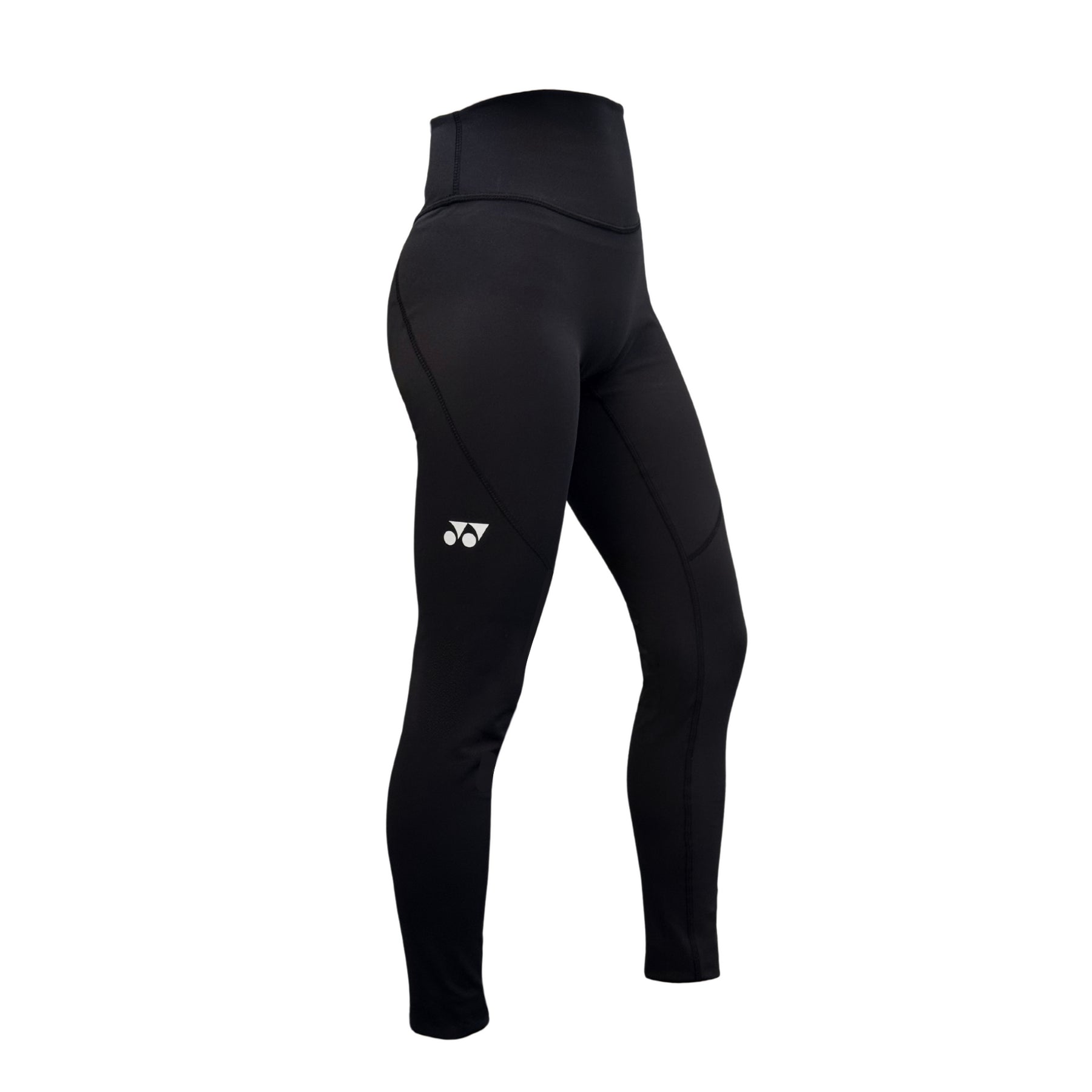 The Yonex YL2024 Women's Padel Leggings in black have a high-waisted design with a small white logo on the left hip. Made from moisture-wicking fabric, they feature sleek seams and are displayed against a plain white background.