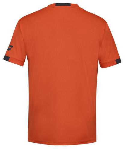 A view from the back showcases the Babolat Play Men's Crew Neck Padel T-Shirt in Fiesta Red, featuring short sleeves with black accents on both the sleeves and collar. Made from recycled polyester, this lightweight and smooth fabric T-shirt is subtly finished with a black logo on the left sleeve.