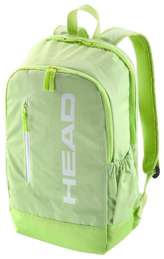 The HEAD BASE Padel Backpack 17L - SG comes in lime green and features the "HEAD" logo in white. It includes a racket compartment, front zipper pocket, side pockets, and adjustable shoulder straps, making it ideal for carrying various items.