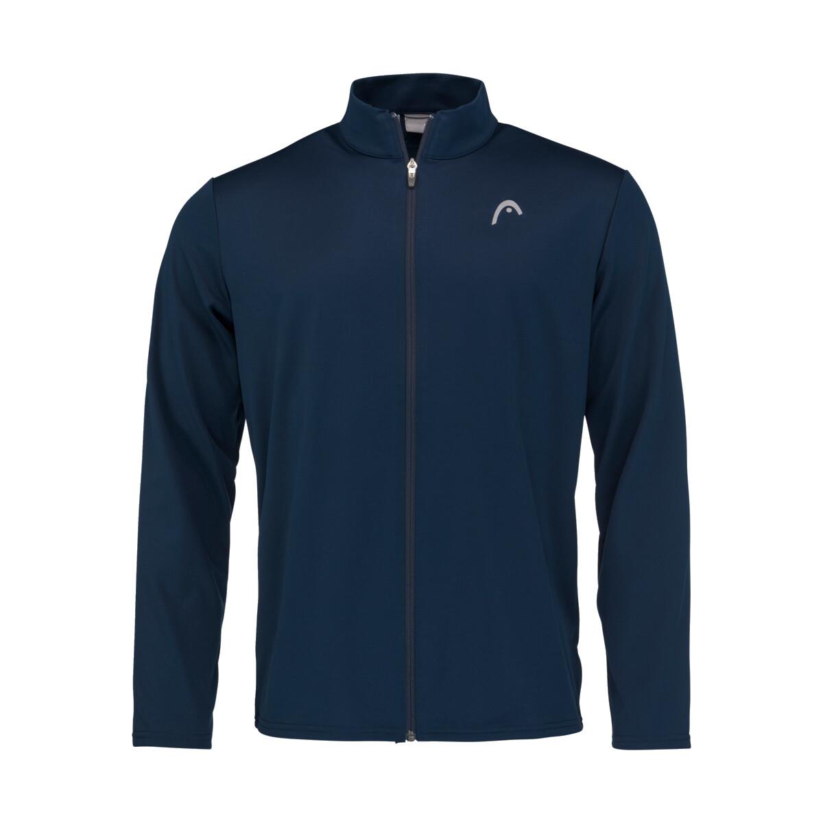 The HEAD Club Men's Easy Court Tracksuit in dark blue includes a zip-up jacket with a stand-up collar and a small white logo on the left chest. Made from polyester double knit twillback, it has long sleeves and a front zipper closure, featuring Moisture Transfer Microfiber technology.