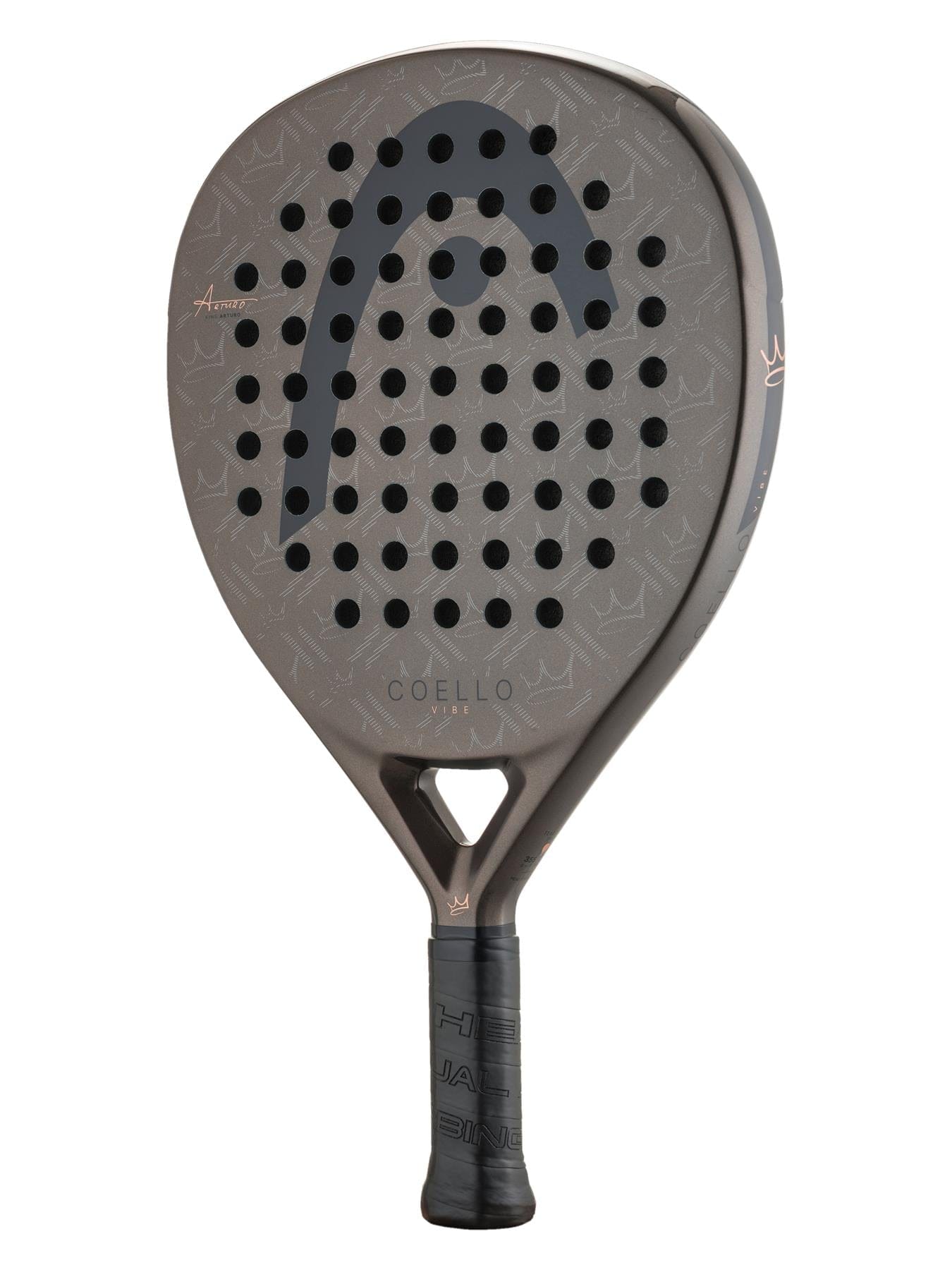 A close-up of the HEAD Coello Vibe 2026 Padel Racket shows its dark, patterned surface with circular holes, black grip, and "HEAD" branding—perfect as a fibreglass padel racket for beginners.