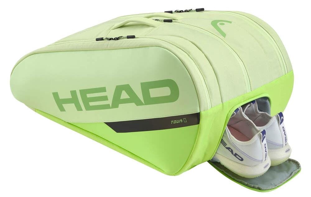 A light green HEAD Tour Padel Bag L - SG with climate control tech shows a zippered compartment slightly open, revealing a pair of white and purple HEAD tennis shoes inside.