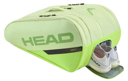 A light green HEAD Tour Padel Bag L - SG with climate control tech shows a zippered compartment slightly open, revealing a pair of white and purple HEAD tennis shoes inside.