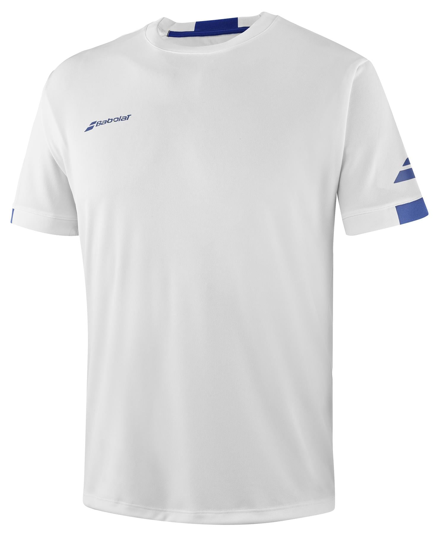 The Babolat Play Men's Crew Neck Padel T-Shirt in White is made from Fiber Dry-polyester and features stylish blue accents on the sleeves and neckline. It prominently displays the "Babolat" brand name in blue on both the chest and sleeve, offering a blend of style and performance.