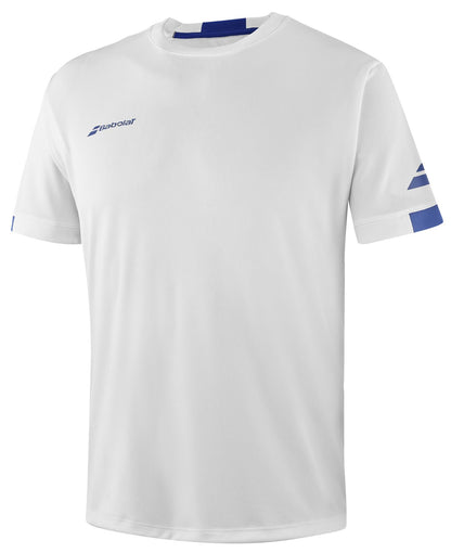 The Babolat Play Men's Crew Neck Padel T-Shirt in White is made from Fiber Dry-polyester and features stylish blue accents on the sleeves and neckline. It prominently displays the "Babolat" brand name in blue on both the chest and sleeve, offering a blend of style and performance.