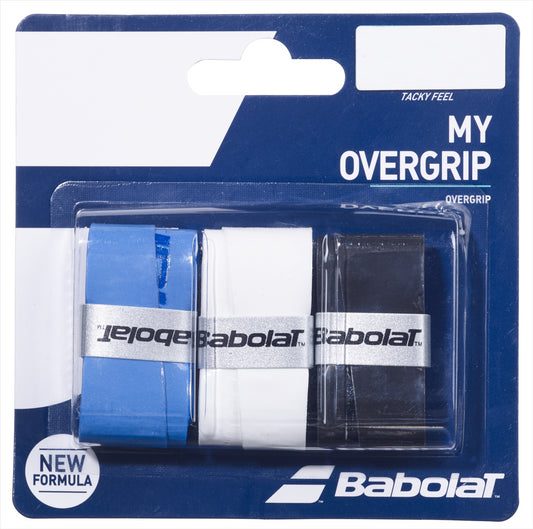 The Babolat My Overgrip X3 Padel Overgrips package presents three overgrips in black, blue, and white. The packaging features a "new formula" that offers improved absorption and a "tacky feel.