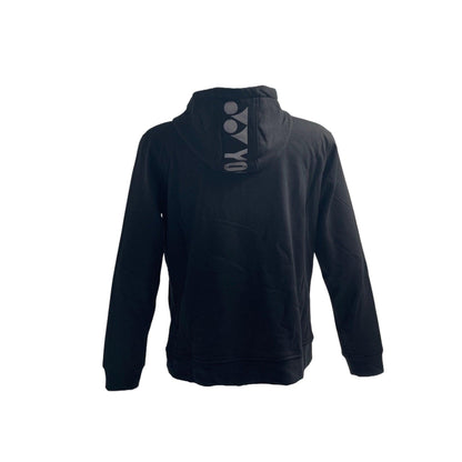 The Yonex YHD2024 Unisex Padel Hoodie in black showcases two graphical shapes with "you" printed in white on the hood. Its sleek design against a plain white background combines comfort and style, while subtle reflective prints enhance its modern flair.