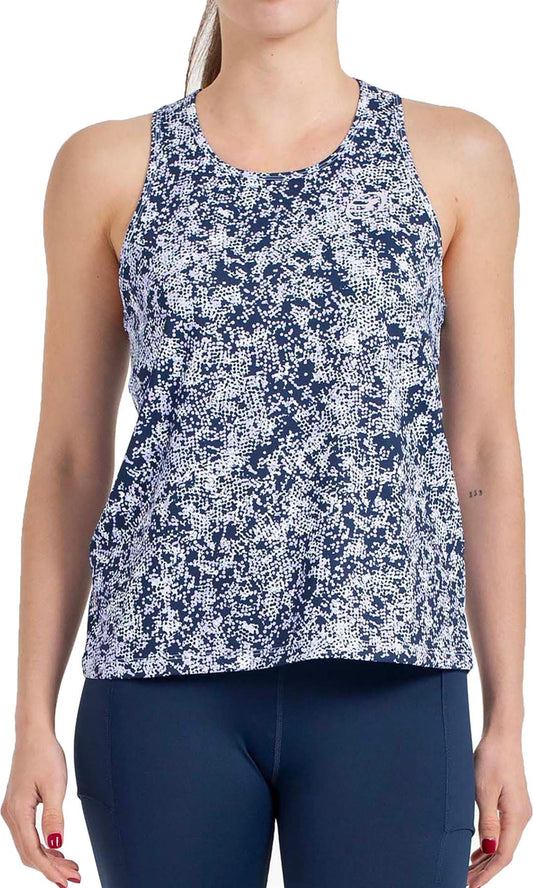 A woman models the Bullpadel Pilme Women's Padel Tank Top in Deep Ocean—sleeveless, blue and white patterned—paired with navy leggings. Her face is not shown. Breathable performance sportswear by Bullpadel.