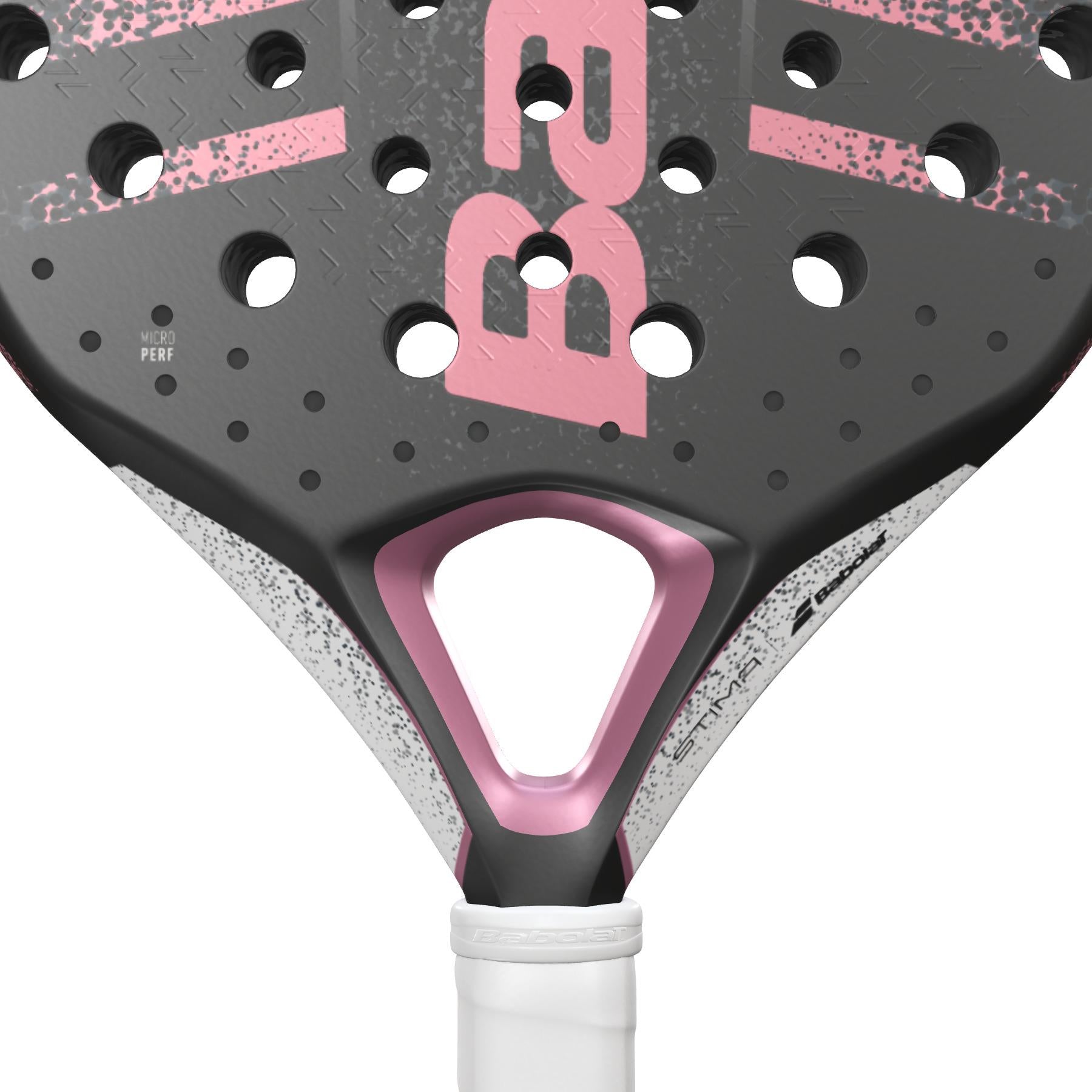 An up-close view of the Babolat Stima Spirit Padel Racket showcases its lightweight structure and sleek black and coral design. Circular holes adorn the body to enhance maneuverability, while a white handle offers a striking contrast to the frame, which proudly displays the Babolat branding and text that capture the essence of this exceptional racket.