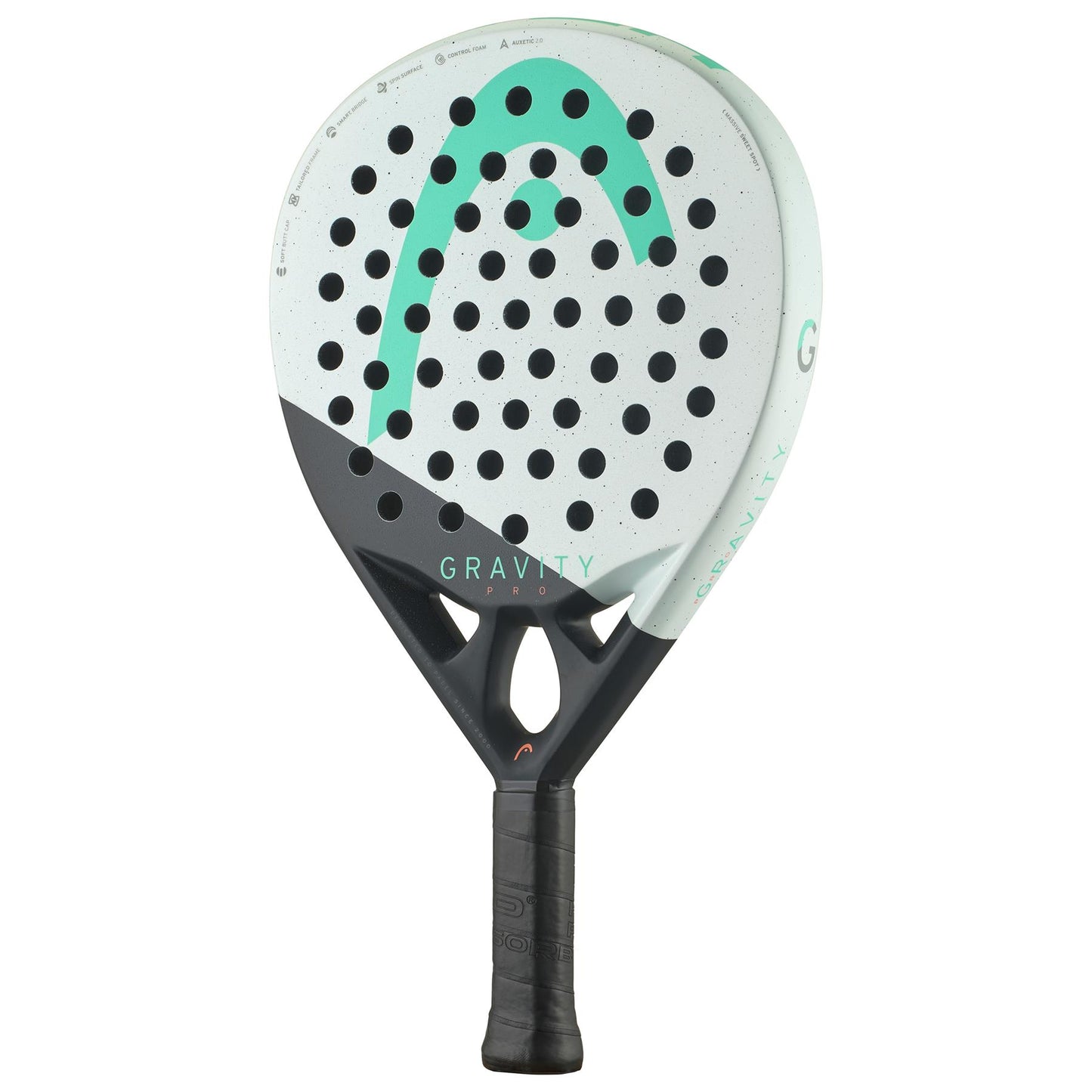 The HEAD Gravity Pro 2024 Padel Racket, featuring a mint and black color scheme, includes a stylish black handle and head with numerous small circular holes. It showcases HEAD's unique "H" design alongside advanced Spin Surface technology for top-tier on-court performance.