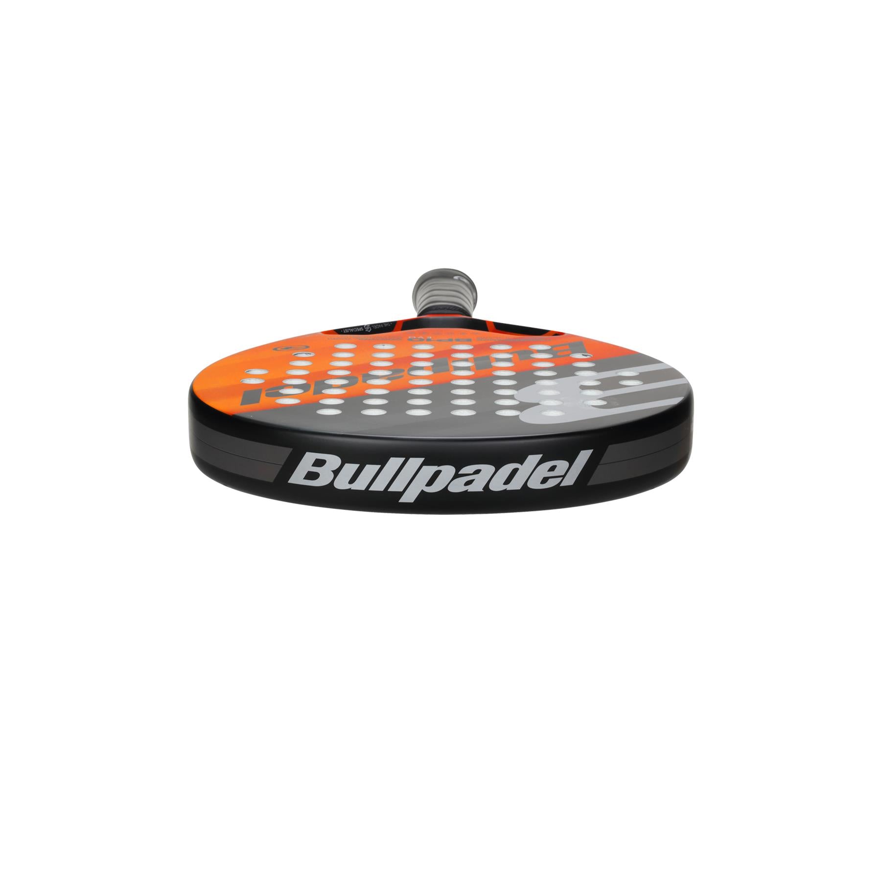 The Bullpadel BP10 EVO 2024 Padel Racket is an ideal choice for intermediate players, boasting a striking black and orange design. It displays a honeycomb pattern on its surface with the "Bullpadel" logo prominently in bold white letters along the edge.