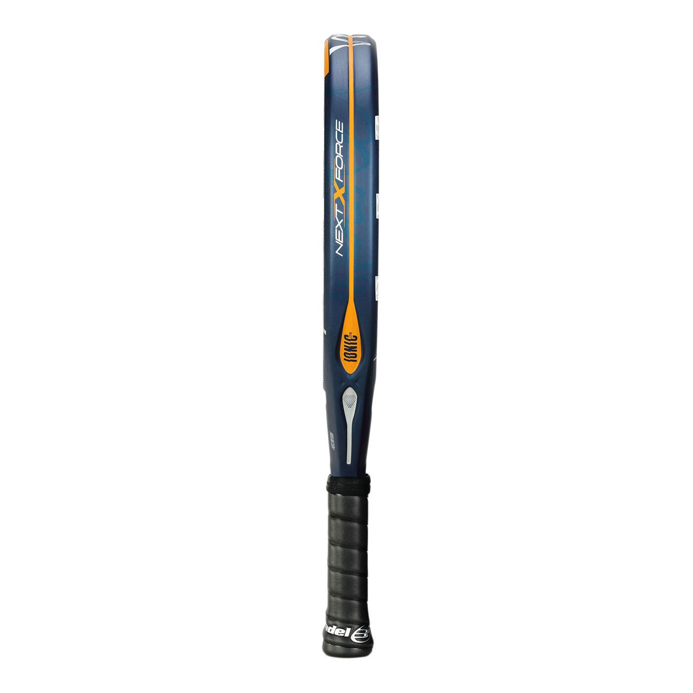 Side view of a blue Bullpadel Ionic Control 25 Padel Racket, labeled on the frame. It features a black grip handle and uses innovative technology for enhanced performance, showcasing a sleek, modern design.