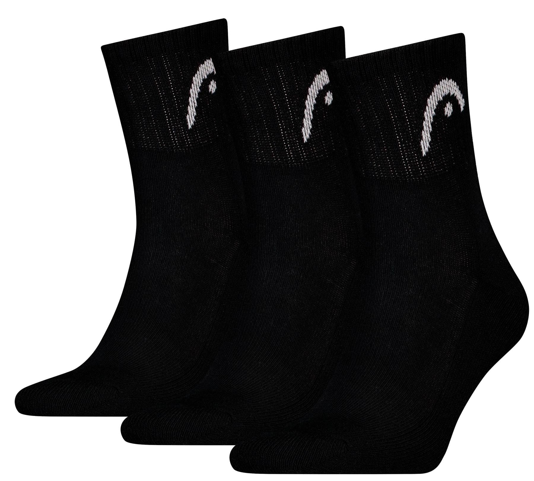 Three pairs of HEAD Club Short Crew Padel Socks in black, each with a white logo and cushioned sole for comfort, shown side by side against a white background. 3-pack by HEAD.