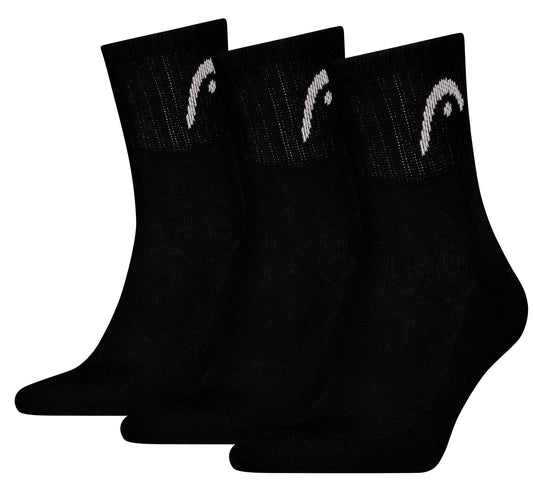 Three pairs of HEAD Club Short Crew Padel Socks in black, each with a white logo and cushioned sole for comfort, shown side by side against a white background. 3-pack by HEAD.