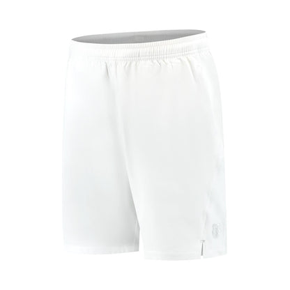 Men's K-Swiss Hypercourt 7" Padel Shorts in white are made from four-way stretch polyester, with an elastic waistband and a subtle logo on the lower right side. They're designed for comfort, perfect for padel or casual wear, and showcased on a plain white background.