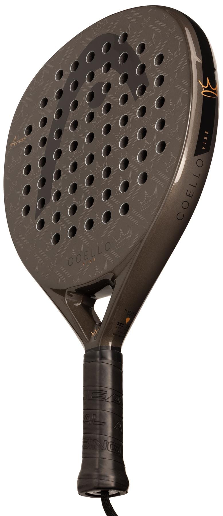 The HEAD Coello Vibe 2026 Padel Racket is a black fibreglass racket with a textured surface, multiple circular holes, and a black grip—ideal for beginners.
