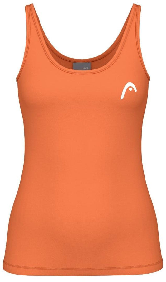 The HEAD Spirit II Women's Padel Tank Top - CN by HEAD is an orange sleeveless design with a scoop neckline and a small white logo on the left chest. Made from Moisture Transfer Microfiber, it provides cooling technology for enhanced comfort.