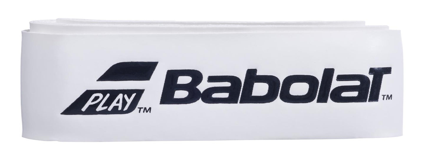 A detailed view of the white Babolat Syntec Team X1 Replacement Padel Grip highlights the brand's logo in black, featuring "PLAY" and stylized "Babolat" text. This thin replacement grip provides precision and comfort for dedicated players.