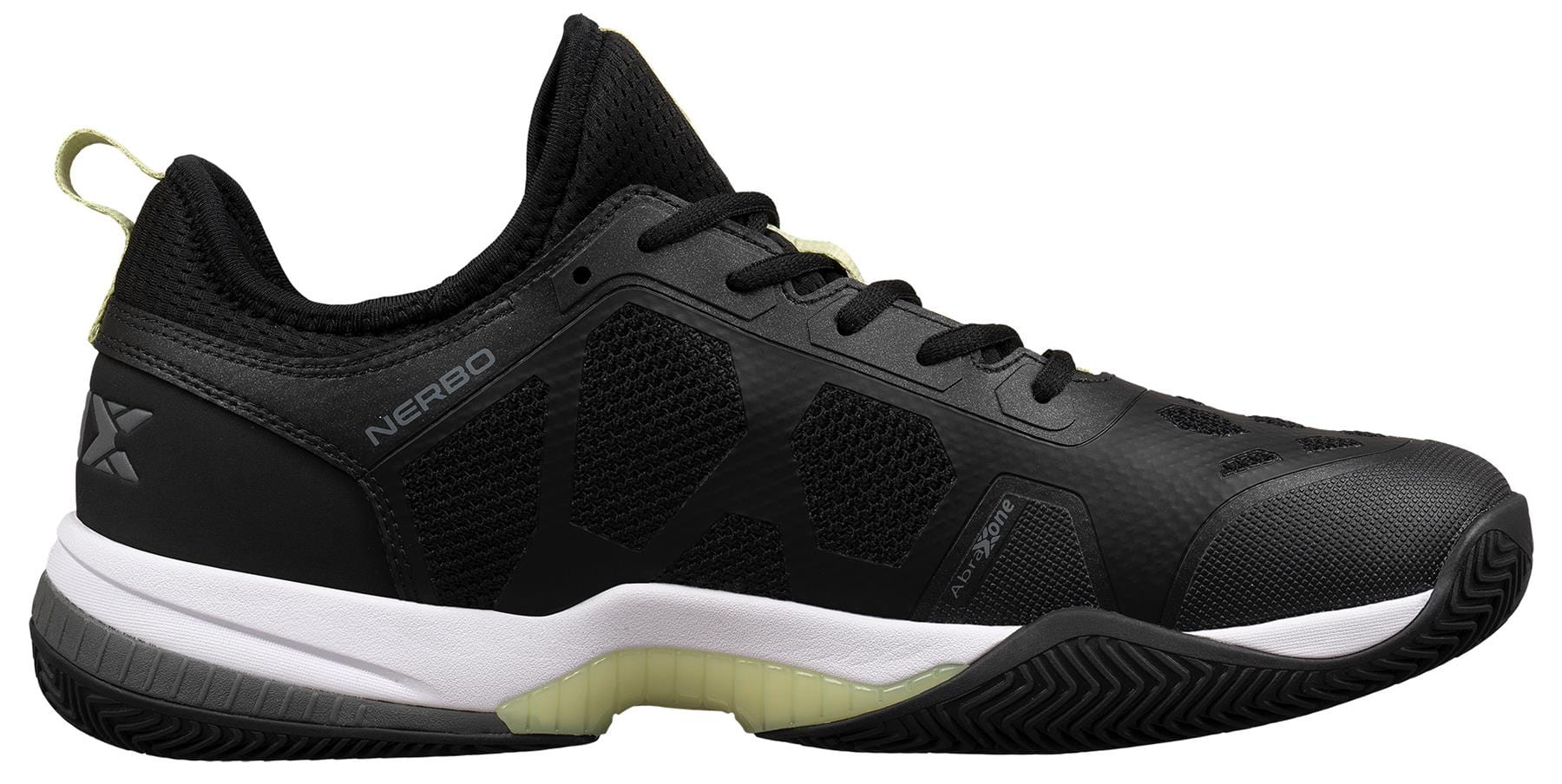 The NOX Nerbo Men's Padel Shoes in Black/Soft Lime feature a textured upper, white midsole, soft lime accents, Ortholite cushioning, "NERBO" branding, and a stylish low-cut design—ideal for athletes seeking comfort and style.