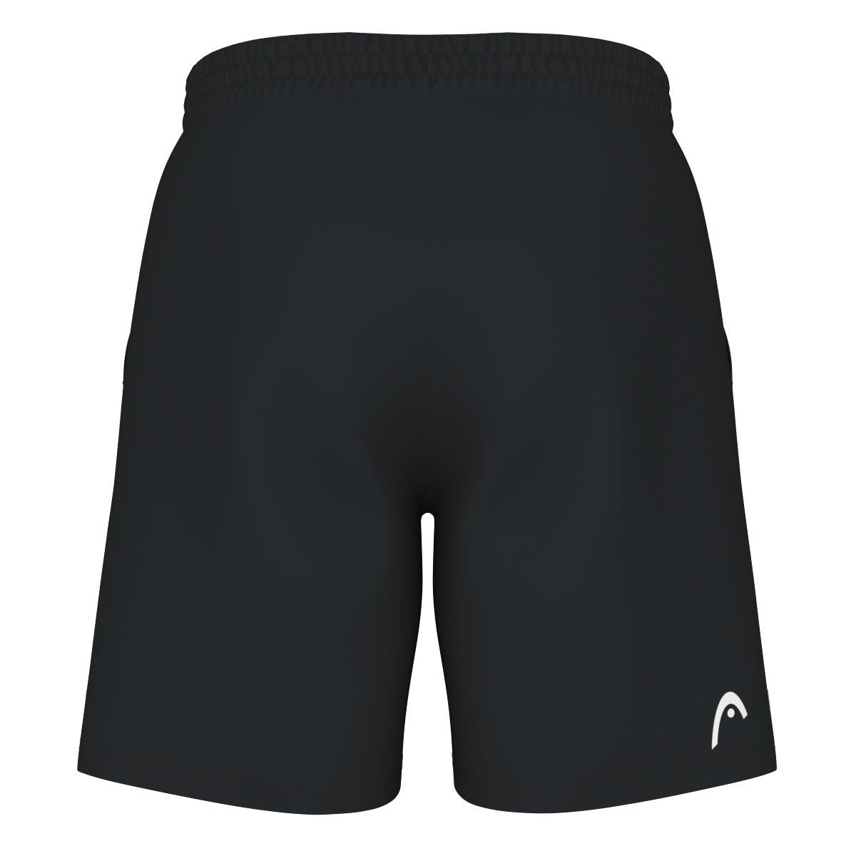 Introducing the HEAD Vision Power Men's Padel Shorts, showcasing a sleek black athletic design complemented by an elastic waistband and a subtle white logo on the lower right leg. Crafted from Moisture Transfer Microfiber, these shorts guarantee comfort and are stylishly presented with a back view.