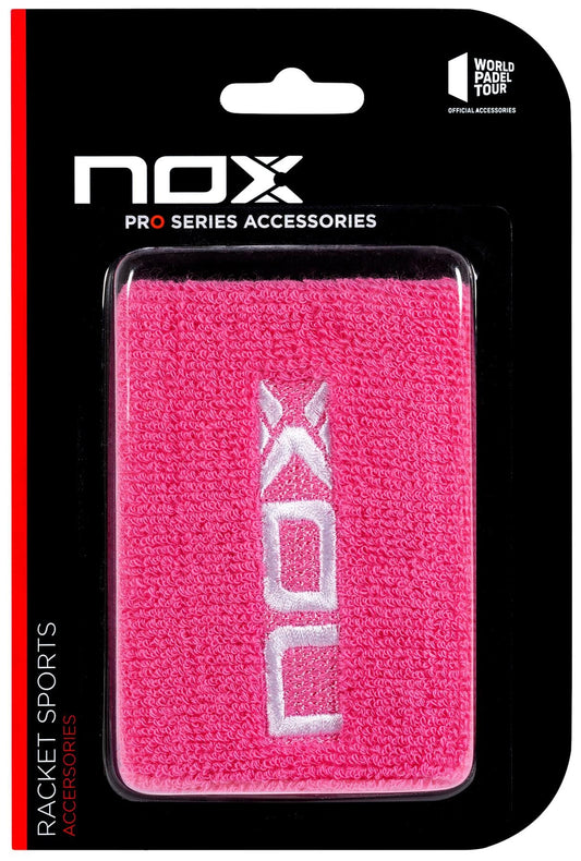 The NOX Padel Wristband - Pink / White features the white "NOX" logo and Balance Fresh tech for wrist protection. It comes in a black and red NOX Pro Series box labeled for racket sports and World Padel Tour.