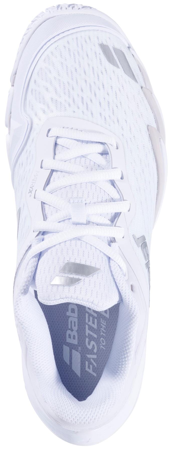 A top view of the Babolat Premura 3 Womens Padel Shoes in White/Silver, featuring a mesh upper, white laces, and silver branding—ideal for women who love padel.
