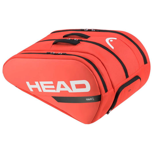 Introducing the HEAD Tour Padel Bag L in Fluo Orange, featuring a backpack carry system for easy transport. With "HEAD" emblazoned in white, complemented by black zippers and handles, its curved design ensures racket safety. Additionally, enjoy CCT+ climate control technology to protect your gear from harsh conditions.