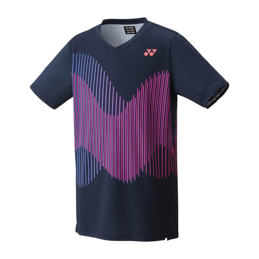 An Indigo Marine Yonex 10562 Crew Neck Men's Padel T-Shirt featuring a dynamic pattern of intersecting pink and purple lines creating a wave-like design across the front. The sleeve sports a subtle branding logo and is enhanced with VeryCool technology for optimal comfort.